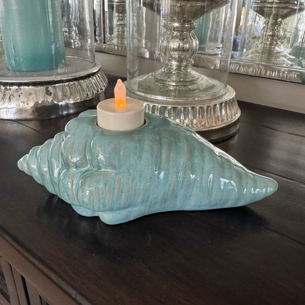 Set of Two Ceramic Conch Shell Tealight Candle Holder - Aqua/Blue